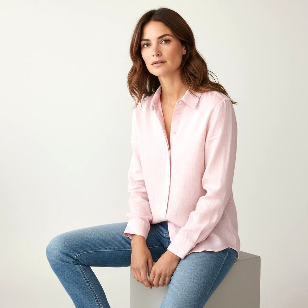 VILLAGER SPORT Peachy Pink Linen Blend Blouse. M Office Preppy Classic